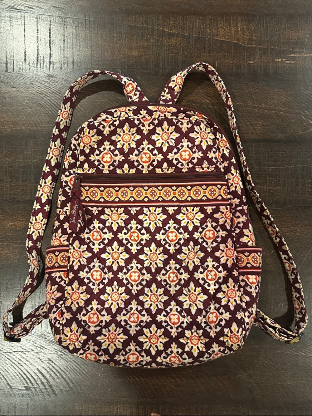 Vera Bradley Quilted Plum Floral Mini Backpack with Cream & Orange Accents
